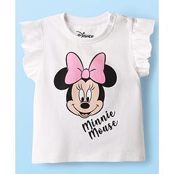 Babyhug Disney Single Jersey Knit Frill Sleeves T-Shirt & Shorts With Minnie Mouse Graphics - White & Pink