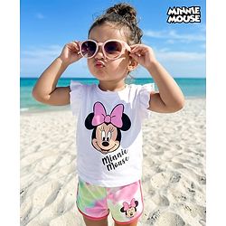 Babyhug Disney Single Jersey Knit Frill Sleeves T-Shirt & Shorts With Minnie Mouse Graphics - White & Pink
