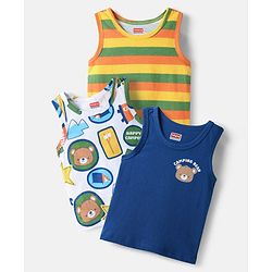 Babyhug 100% Cotton Sandos with Bear Print & Stripes Pack of 3 - Yellow Navy Blue & White