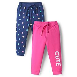 Babyhug Single Jersey Knit Full Length Lounge Pant With Polka Dots & Text Print Pack Of 2 - Pink & Navy Blue