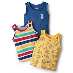 Babyhug 100% Cotton Single Jersey Knit Sleeveless Anti Bacterial Sando with Vehicle Dino & Stripe Print Pack of 3 - Yellow Blue & Red