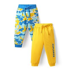 Babyhug Single Jersey Knit Full Length Text & Camouflage Printed Lounge Pants Pack of 2 - Yellow & Blue