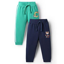 Babyhug 100% Cotton Single Jersey Knit Full Length Lounge Pants With Animal Print Pack Of 2 - Navy Blue & Sea Green