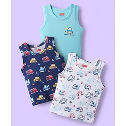 Babyhug 100% Cotton Knit Sleeveless Antibacterial Sando with Vehicle Print Pack of 3 - White Light Blue & Navy Blue