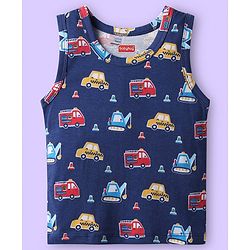Babyhug 100% Cotton Knit Sleeveless Antibacterial Sando with Vehicle Print Pack of 3 - White Light Blue & Navy Blue