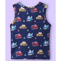 Babyhug 100% Cotton Knit Sleeveless Antibacterial Sando with Vehicle Print Pack of 3 - White Light Blue & Navy Blue