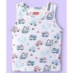 Babyhug 100% Cotton Knit Sleeveless Antibacterial Sando with Vehicle Print Pack of 3 - White Light Blue & Navy Blue