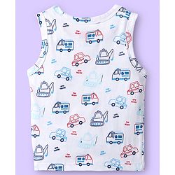 Babyhug 100% Cotton Knit Sleeveless Antibacterial Sando with Vehicle Print Pack of 3 - White Light Blue & Navy Blue