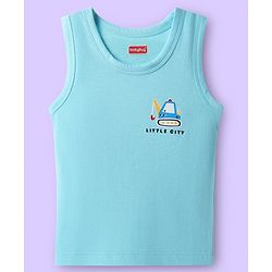 Babyhug 100% Cotton Knit Sleeveless Antibacterial Sando with Vehicle Print Pack of 3 - White Light Blue & Navy Blue