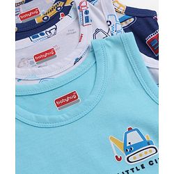 Babyhug 100% Cotton Knit Sleeveless Antibacterial Sando with Vehicle Print Pack of 3 - White Light Blue & Navy Blue