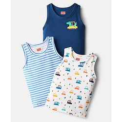 Babyhug 100% Cotton Single Jersey Knit Sleeveless Antibacterial Sando Vest with Stripe Design & Cars Print Pack of 3 - White Light Blue & Blue