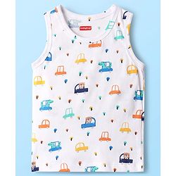 Babyhug 100% Cotton Single Jersey Knit Sleeveless Antibacterial Sando Vest with Stripe Design & Cars Print Pack of 3 - White Light Blue & Blue