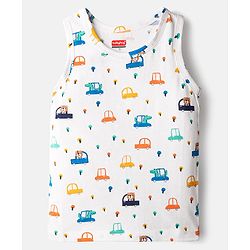 Babyhug 100% Cotton Single Jersey Knit Sleeveless Antibacterial Sando Vest with Stripe Design & Cars Print Pack of 3 - White Light Blue & Blue