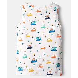 Babyhug 100% Cotton Single Jersey Knit Sleeveless Antibacterial Sando Vest with Stripe Design & Cars Print Pack of 3 - White Light Blue & Blue
