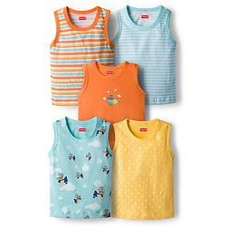Babyhug 100% Cotton Knit Antibacterial Sando with Stripes Vehicle & Animal Print Pack of 5 - Blue Orange & Yellow