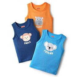 Babyhug 100% Cotton Knit Antibacterial Sleeveless Sandos with Animal Print Pack of 3 - Orange Navy & Light Blue