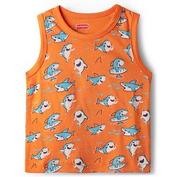 Babyhug 100% Cotton Knit Sleeveless Antibacterial Sando with Strips Stars & Shark Print Pack of 5 - Navy Blue & Orange