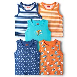 Babyhug 100% Cotton Knit Sleeveless Antibacterial Sando with Strips Stars & Shark Print Pack of 5 - Navy Blue & Orange