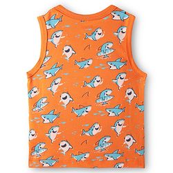 Babyhug 100% Cotton Knit Sleeveless Antibacterial Sando with Strips Stars & Shark Print Pack of 5 - Navy Blue & Orange
