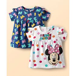 Babyhug Disney Single Jersey Knit Half Sleeves T-Shirts With Minnie Mouse Graphics Pack of 2 - White & Navy Blue
