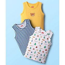 Babyhug 100% Cotton Knit Antibacterial Sleeveless Sando Vests with Stripe & Forest Print Pack of 3 - White Yellow & Blue