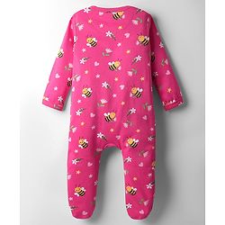 Babyhug Cotton Interlock Knit Full Sleeves Footed Sleep Suit with Honey Bee Floral & Heart Print - Pink