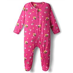 Babyhug Cotton Interlock Knit Full Sleeves Footed Sleep Suit with Honey Bee Floral & Heart Print - Pink