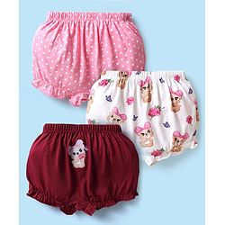 Babyhug 100% Knit Teddy Bear & Polka Dot Printed Bloomers Pack of 3 - White Pink & Maroon