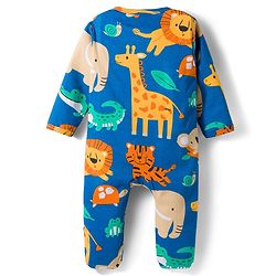 Babyhug Cotton Interlock Knit Full Sleeves Footed Sleep Suit with Animal Print - Blue