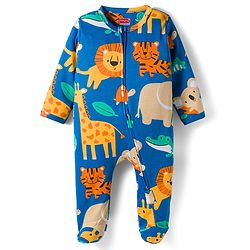 Babyhug Cotton Interlock Knit Full Sleeves Footed Sleep Suit with Animal Print - Blue