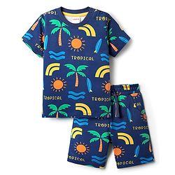 Babyhug Terry Knit Half Sleeves T-Shirt & Short Set With Tropical Theme Print - Navy Blue
