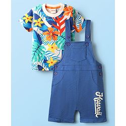 Babyhug Single Jersey Knit Dungaree & Half Sleeves T-Shirt With Floral & Leaf Print - Blue