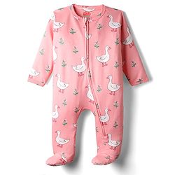 Babyhug Interlock Knit Full Sleeves Front Open Footed Sleepsuit With Duck Print - Pink