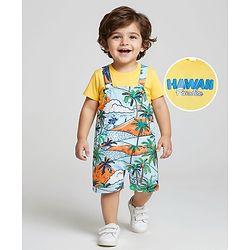 Babyhug 100% Cotton Knit Single Jersey Dungaree & Half Sleeves T-Shirt With Dino Print - White & Blue