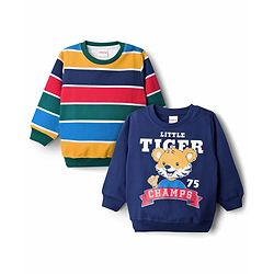 Babyhug Cotton Knit Full Sleeves Striped Pullover Sweatshirt with Tiger Print Pack of 2 - Navy Blue