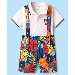 Babyhug Single Jersey Knit Half Sleeves Polo T-Shirt & Shorts Set With Leaf Print - White