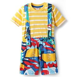 Babyhug Single Jersey Knit Half Sleeves Striped T-Shirt & Printed Shorts Set - Yellow