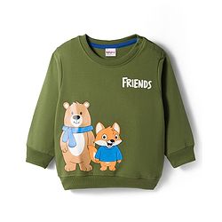 Babyhug Cotton Knit Full Sleeves Pullover Sweatshirt with Bear Graphic - Green