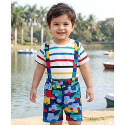 Babyhug Single Jersey Knit Half Sleeves T-Shirt & Shorts Set With Stripes & Vehicle Print - White & Navy Blue