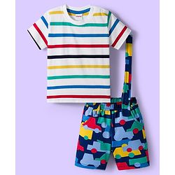Babyhug Single Jersey Knit Half Sleeves T-Shirt & Shorts Set With Stripes & Vehicle Print - White & Navy Blue