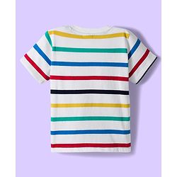 Babyhug Single Jersey Knit Half Sleeves T-Shirt & Shorts Set With Stripes & Vehicle Print - White & Navy Blue