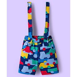 Babyhug Single Jersey Knit Half Sleeves T-Shirt & Shorts Set With Stripes & Vehicle Print - White & Navy Blue