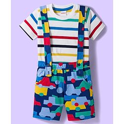 Babyhug Single Jersey Knit Half Sleeves T-Shirt & Shorts Set With Stripes & Vehicle Print - White & Navy Blue