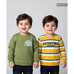 Babyhug Cotton Knit Full Sleeves Sweatshirts with Stripes & Adventure Text Print Pack of 2 - Yellow & Olive Green