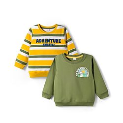 Babyhug Cotton Knit Full Sleeves Sweatshirts with Stripes & Adventure Text Print Pack of 2 - Yellow & Olive Green