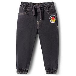 Babyhug Full Length Denim Joggers with Stretch & Tiger Print - Charcoal Grey
