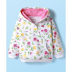 Babyhug Cotton Knit Full Sleeves Hooded Sweatshirt With Floral Print & Kangaroo Pockets - White