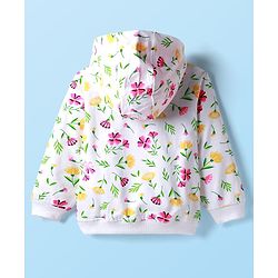 Babyhug Cotton Knit Full Sleeves Hooded Sweatshirt With Floral Print & Kangaroo Pockets - White