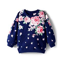 Babyhug Cotton Knit Full Sleeves Pullover Sweatshirt with Floral Print - Navy Blue