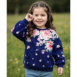 Babyhug Cotton Knit Full Sleeves Pullover Sweatshirt with Floral Print - Navy Blue